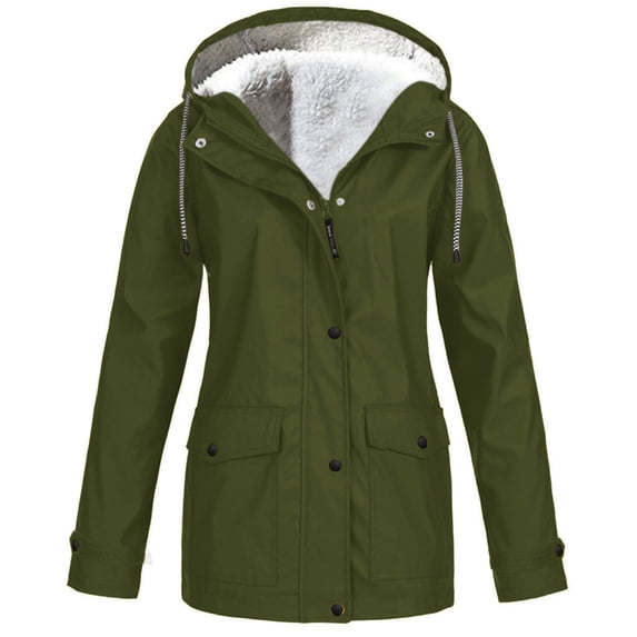Xihbxyly Plush Button Jackets for Women Women Plus Velvet Solid Jackets Outdoor Waterproof Hooded Raincoat Windproof Coats Hooded Coat Long Sleeve Pocket Long Sleeve Coat Tops