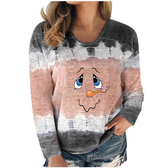 Xihbxyly Round Neck Long Sleeve Tops for Women Women's Print Tie-Dye Patchwork Crew-Neck T-Shirt Casual Tee Blouse Tops Christmas Print O Neck T-shirt Long Sleeve Casual Blouse Top Tunic Blouse Shirt