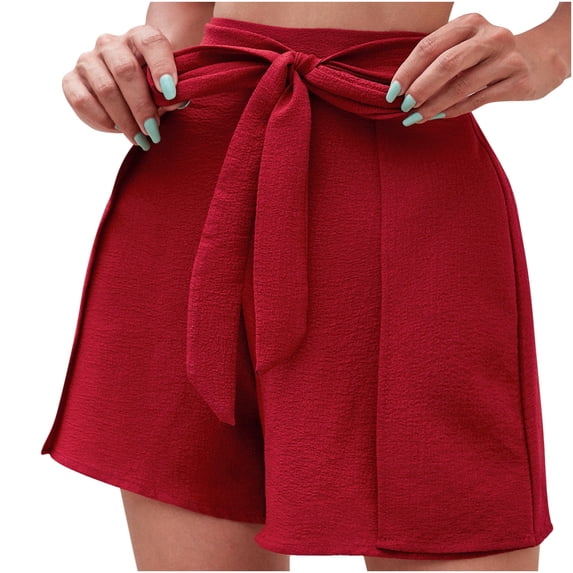 Xihbxyly Women Drawstring Shorts Women's Loose Wide Leg Drawstring Pants High Waist Straight Pants Casual Cotton Linen Shorts Summer Plus Size Shorts Red M
