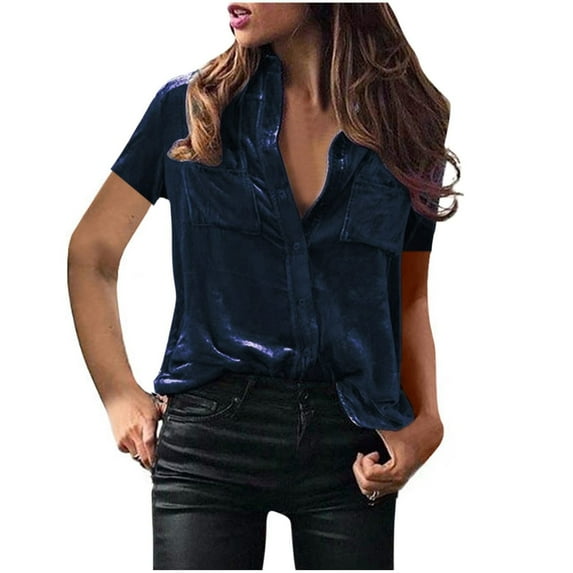 Xihbxyly Silk Shirts for Women, Women's Button Down Shirts Satin V Neck Short Sleeve Casual Work Blouse Tops with Pocket