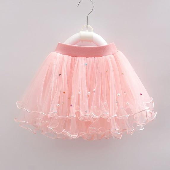 Xihbxyly Skirt for Girls Toddler Girls Cute Party Dance Costume Splice Solid Color Net Yarn Crimping Pearl Sequins Tulle Skirt