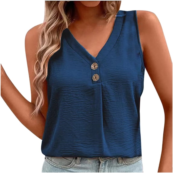 Xihbxyly Sleeveless Blouse Women's Fashion Casual Printed Vest V-Neck Sleeveless Blouse Buttons Tank Tops Blue M