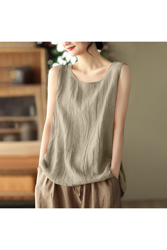 Sleeveless Tops for Women Casual Summer Cotton and Linen Solid Color Crew Neck Tank Tops Lightweight Loose Fit Sleeveless Standard Straps Summer Tops Womens