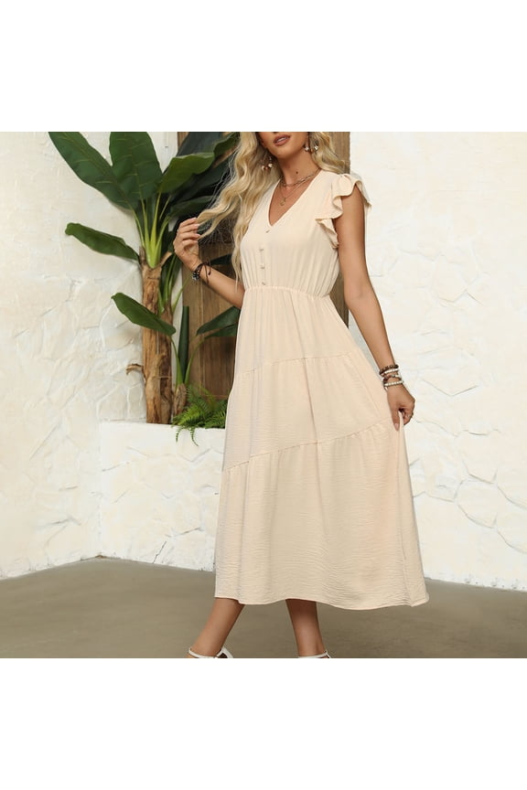 Summer Dresses for Women Casual Solid Color Off the Shoulder Mid-Length Dress Leisure Slim Fit Short Sleeve Dresses