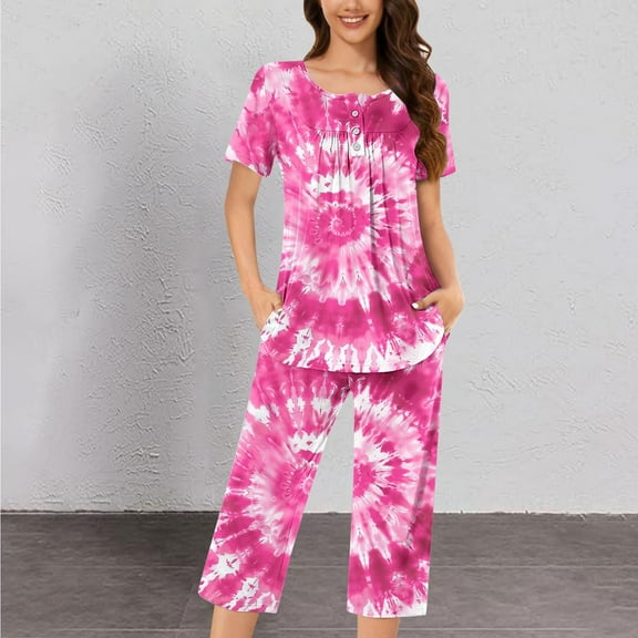 Xihbxyly Summer Pajamas for Women Summer Geometric Print Lightweight Pajama Sets with Pants Casual Crew Neck Short Sleeve Sleepwear