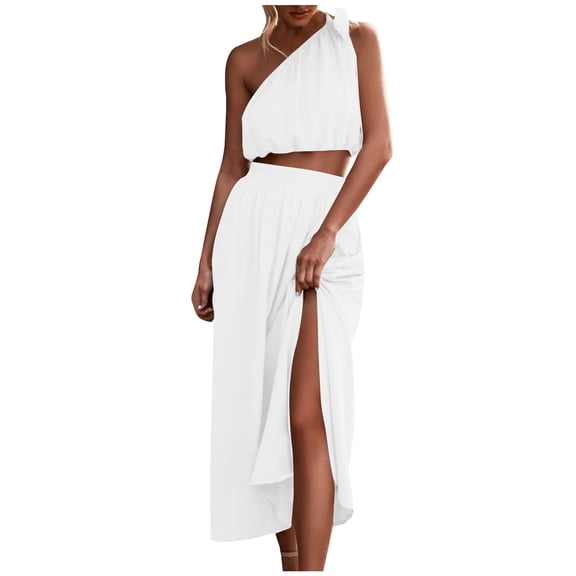 Xihbxyly! 2 Piece Outfits for Women, Women's 2 Pieces Outfits One Shoulder Smocked Crop Top & High Waist Long Skirt Dress Set with Pockets Two Piece Skirt Set White XXXL