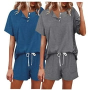 Summer Savings Clearance Pajama Shorts Xihbxyly Pajamas for Women Shorts Set, Women Casual Solid Short Sleeve Button Tops Nightwear Shorts Sleepwear Sets Blue M