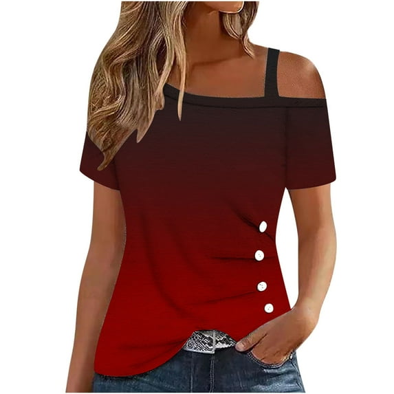 Xihbxyly Tops ! Tops for Women 2025, Women's Cold Shoulder Tops Short Sleeve Button-Up Top Blouse Casual Tunic Blouse T-Shirts Wine L