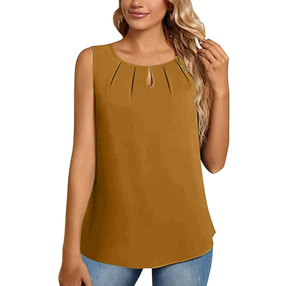 Xihbxyly Summer Tops for Women 2024, Fashion Women Causal Round Neck Solid Color Blouse Sleeveless Elegant T-Shirt Summer Tank Tops Tie Dye Sleeveless Basic Tops Womens Graphic T Shirts My Order