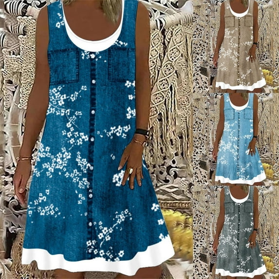 Xihbxyly Sundresses for Women Women 2024 Casual Crewneck Sun Dress Sleeveless Beach Vacation Outfits Plus Size Tank Dresses Hollow out Beach Sundress Dark Blue M