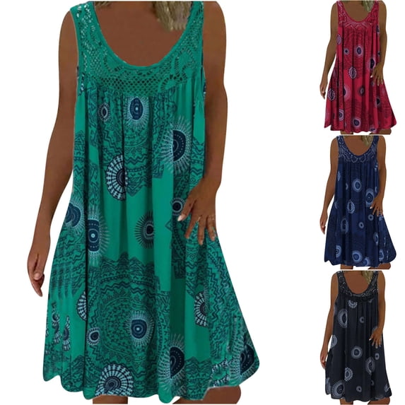 Xihbxyly Sundresses for Women Women 2024 Casual Crewneck Sun Dress Sleeveless Beach Vacation Outfits Plus Size Tank Dresses Hollow out Beach Sundress Green XXL # Clarence Items