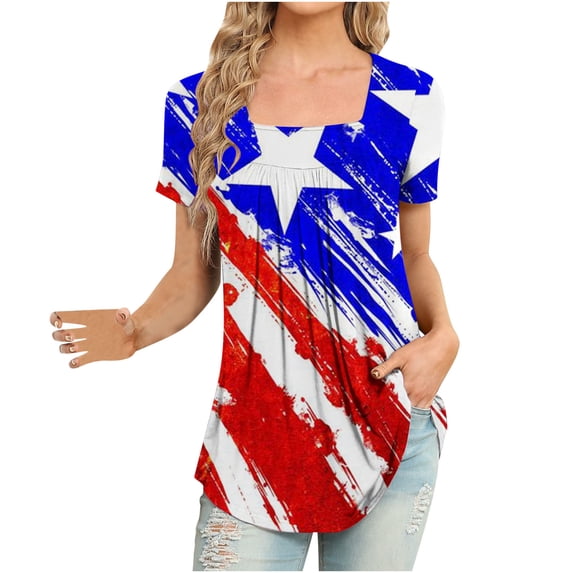 Xihbxyly Tops for Women, July of 4th Shirt for Women Summer V Neck Short Sleeve American Flag Clothes Patriotic Outfit Top Pleated Mesh Blouses Loose Fitting Tops for Women # Amazon Warehouse Sale #5