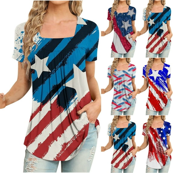 Xihbxyly Tops for Women, July of 4th Shirt for Women Summer V Neck Short Sleeve American Flag Clothes Patriotic Outfit Top Pleated Mesh Blouses Loose Fitting Tops for Women