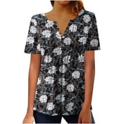 Xihbxyly Tunic Tops for Women Loose Fit, Short Sleeve Shirts for Women Summer Tunic Tops to Wear Tshirts Loose Casual Blouse Tee Printed Folwy Shirt, Black, L 5 Dollar Items