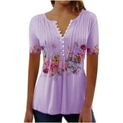 Xihbxyly Tunic Tops for Women Loose Fit, Short Sleeve Shirts for Women Summer Tunic Tops to Wear Tshirts Loose Casual Blouse Tee Printed Folwy Shirt, Purple, S Deal or No Deal #3
