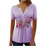 Xihbxyly Tunic Tops for Women Loose Fit, Short Sleeve Shirts for Women Summer Tunic Tops to Wear Tshirts Loose Casual Blouse Tee Printed Folwy Shirt, Purple, XL 5 Dollar Items