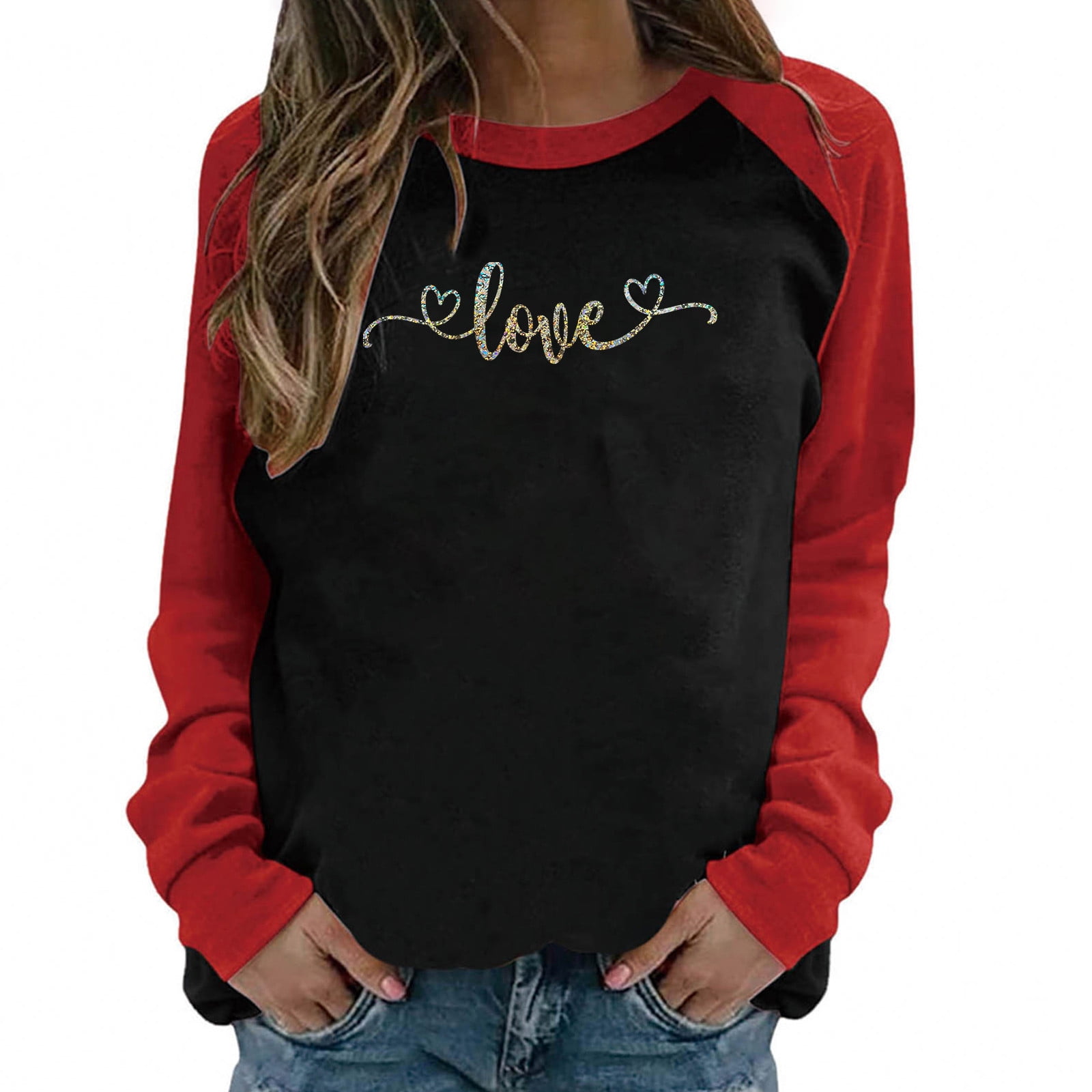 Rhinestone Heart Long Sleeve Sweatshirt - Effortless Elegance for Valentine's Day