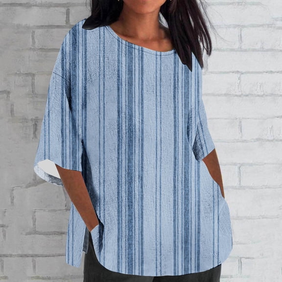 Xihbxyly Women 3/4 Sleeve Shirts Womens 3/4 Sleeve Cotton Linen Tops Casual Loose Fit Cute Daisy Print T Shirts Summer Round Neck Pullover Blouses Trendy Lightweight Soft Plus Size Tops