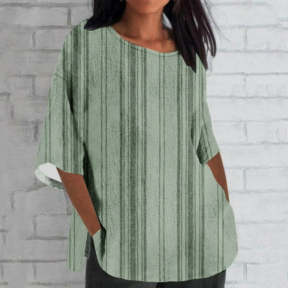 Xihbxyly Women 3/4 Sleeve Shirts Womens 3/4 Sleeve Cotton Linen Tops Casual Loose Fit Cute Daisy Print T Shirts Summer Round Neck Pullover Blouses Trendy Lightweight Soft Plus Size Tops