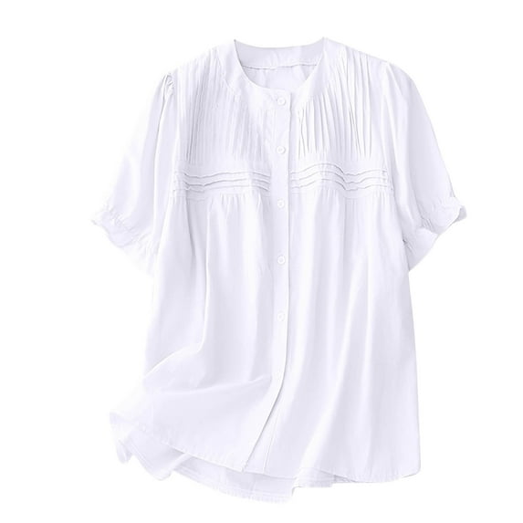 Xihbxyly Women 3/4 Sleeve Tops Women's 3/4 Cropped Sleeve Cotton Linen Top Summer Solid Color Crew Neck T-Shirt Plus Size Vintage Shirt Casual Loose Blouse Trendy Lightweight Soft Plus Size Tops