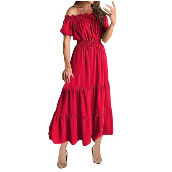 Xihbxyly Women Dresses Fashion Solid Color Off the Shoulder Cocktail-Length Dress Leisure Slim Fit Short Sleeve Sundresses