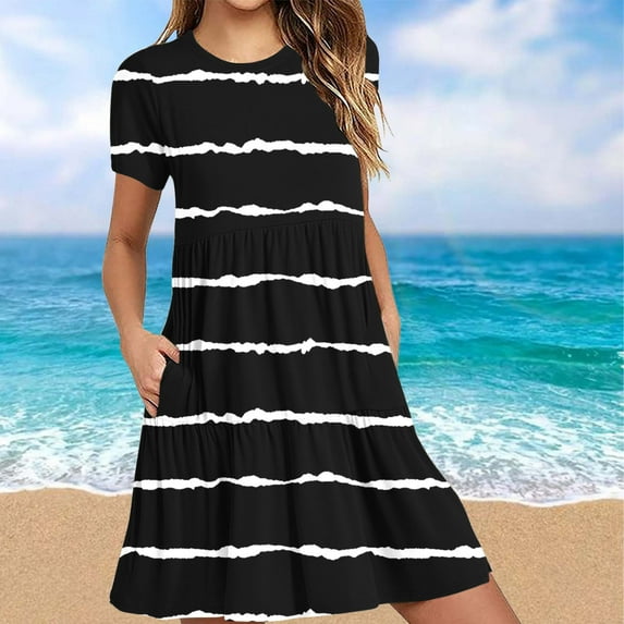 Xihbxyly Women Dresses Fashion Striped Print Off the Shoulder Mid-Length Dress Leisure Slim Fit Short Sleeve Ruffle Flowy Dresses