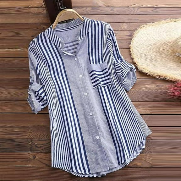 Xihbxyly Women V Neck Print 3/4 Sleeve Cotton Linen T-shirt Casual Blouse Tops Women Plus Size Three Quarter Striped Print V-Neck Loose Fit Top T-Shirt Blouse V Neck Blouse Printed V-neck Shirt