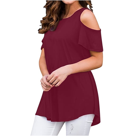 Xihbxyly Women's Blouses, Women's Fashion Cold Shoulder Crewneck Short Sleeve Shirt Casual Loose Shirt Tops Summer Solid Color Comfortable Female Blouses Tops