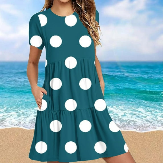 Xihbxyly Women's Casual Dresses Summer Polka Dots Off the Shoulder Mid-Length Dress Quick Dry Slim Fit Short Sleeve Ruffle Flowy Beach Dress Deals of the Week Clearance