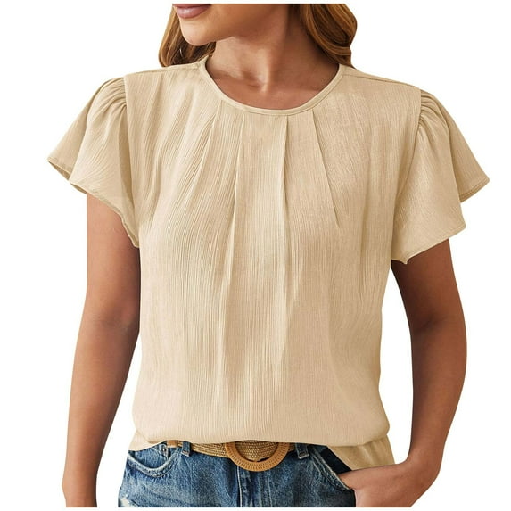 Xihbxyly Women's Pleated Front T Shirts Summer Casual Short Sleeve Loose Tee Tops Crew Neck T-Shirt Fashion Basic Tunic Tops Solid Color Blouse