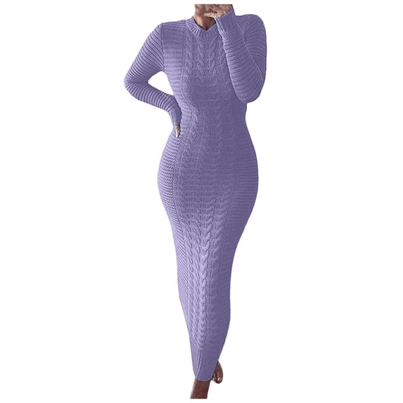 Xihbxyly Women's Plus Size Dresses, Fashion Womens O-neck Solid Color Hemp Flowers Knitting Long Sleeves Dress, Women's Casual Autumn And Winter
