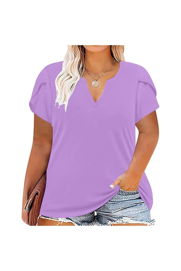 Women's Plus Size Tops V Neck Short Sleeved Solid T Shirts SummerTees Oversized Tops Casual Loose Fit Cotton Tunic Tops