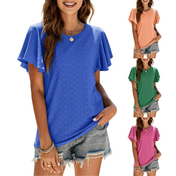 Xihbxyly Womens Blouses Dressy Casual, Women's Crew Neck Pleated Blouse Top Tunic Shirt Casual Tunic Tops for Leggings Casual T-Shirts Summer Fashion Solid Color Tops