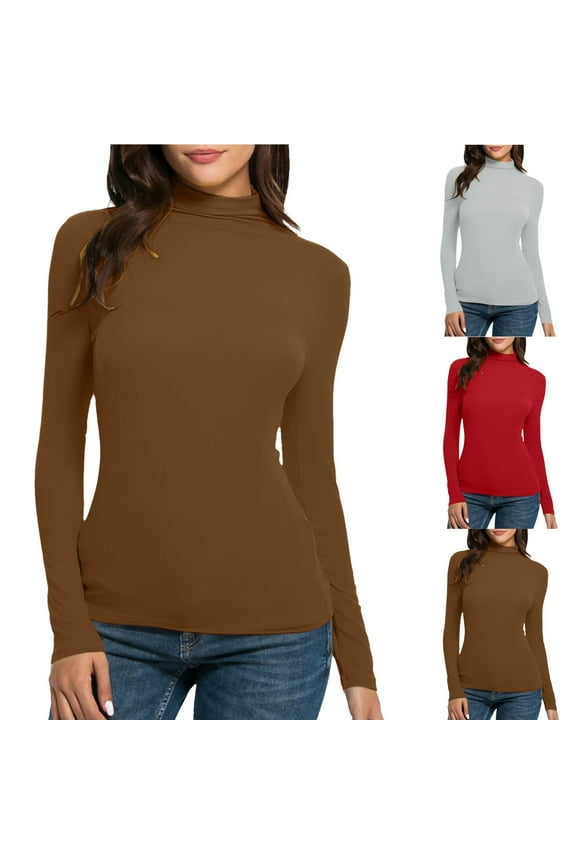 Womens Long Sleeve Knit Tops Round Neck Fashion Womens Solid Color Turtleneck Slim Blouse Tops Midhigh Neck Cable Knit Pullover Casual Top T Shirt