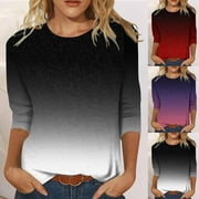Xihbxyly Womens Long Sleeve Knit Tops Round Neck Women's Casual Round Neck 3/4 Sleeve Printed Loose Shirt Blouse Tops Printed Pullover Sweatshirt Tops Stripe Button Blouse