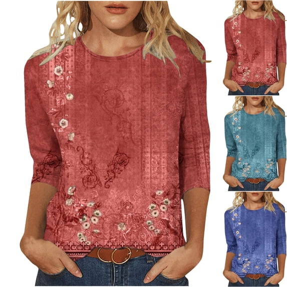 Xihbxyly Womens Long Sleeve Knit Tops Round Neck Women's Casual Round Neck 3/4 Sleeve Printed Loose Shirt Blouse Tops Printed Pullover Sweatshirt Tops Stripe Button Blouse