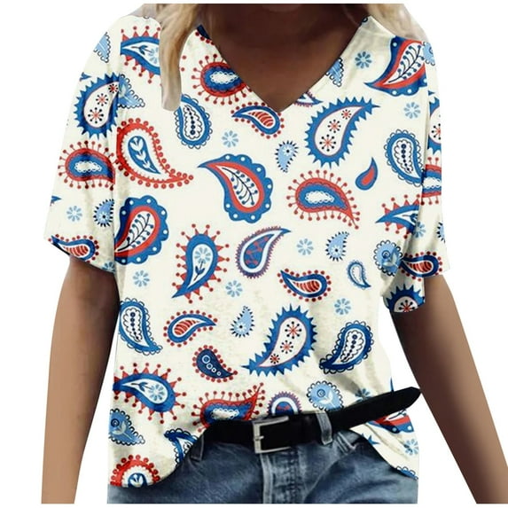 Xihbxyly Womens Plus Size Tops Summer Short Sleeve T-Shirt Casual Loose V Neck Tee Shirts July 4 Shirts for Women Independence Day Tops # Lightling Deals Sales #3