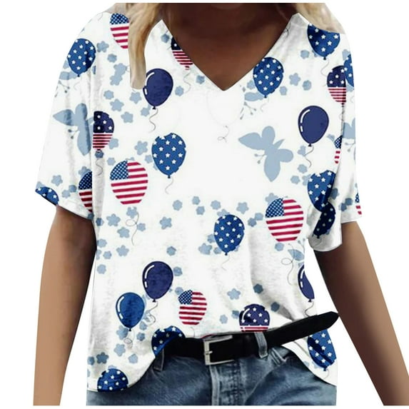 Xihbxyly Womens Plus Size Tops Summer Short Sleeve T-Shirt Casual Loose V Neck Tee Shirts July 4 Shirts for Women Independence Day Tops #2