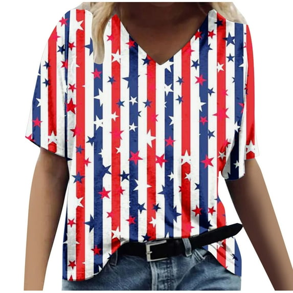 Xihbxyly Womens Plus Size Tops Summer Short Sleeve T-Shirt Casual Loose V Neck Tee Shirts July 4 Shirts for Women Independence Day Tops # Today Deals #3