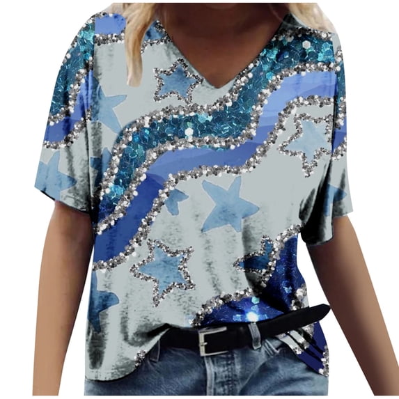 Xihbxyly Womens Plus Size Tops Summer Short Sleeve T-Shirt Casual Loose V Neck Tee Shirts July 4 Shirts for Women Independence Day Tops