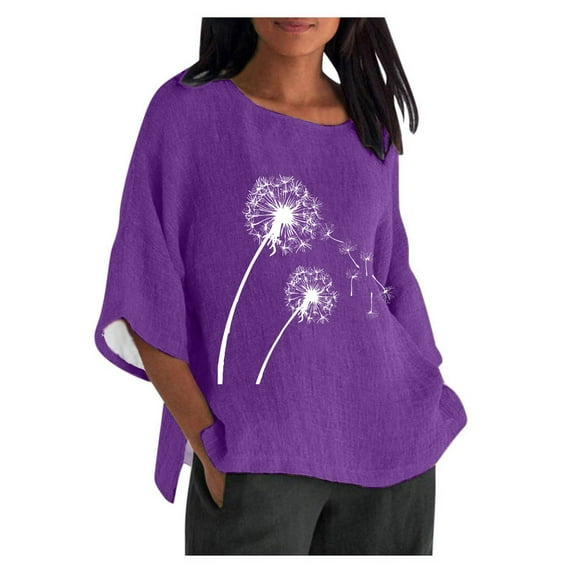Xihbxyly Womens Tops Casual 3/4 Sleeves Womens 3/4 Sleeve Cotton Linen Tops Casual Loose Fit Cute Daisy Print T Shirts Summer Round Neck Pullover Blouses Fashion Loose Fit Plus Size Tops