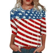 XIHBXYLY Womens Tops Womens 3/4 Sleeve Tops Women's Independence Day Tops Printed T-Shirt Round Blouse Vacation Workout Tops Casual Loose Lightweight Shirts Graphic Tees