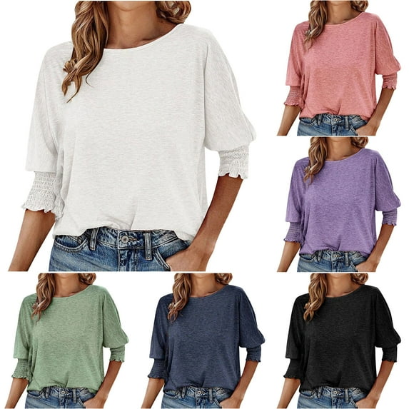 Xihbxyly Workout Tops for Women, Women's Crew Neck Blouse Top Short Sleeve Shirt Casual Tunic Blouse for Leggings Summer Fashion Solid Color Blouse