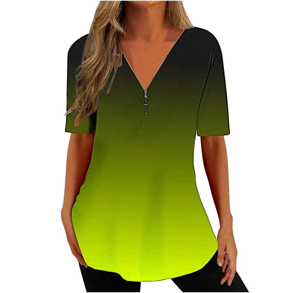 Xihbxyly Zippered Tops for Women Plus Size V Neck T Shirts Women Short Sleeve Shirt Half Zipper Blouse Loose Comfortable Print Top Blouse Graphic Tee Shirts 2024 Summer Tops #4