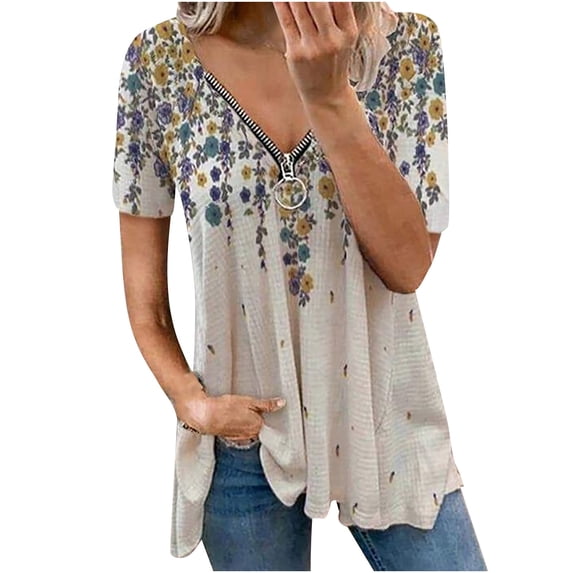 Xihbxyly Zippered Tops for Women Plus Size V Neck T Shirts Women Short Sleeve Shirt Half Zipper Blouse Loose Comfortable Print Top Blouse Graphic Tee Shirts 2025 Summer Tops #4