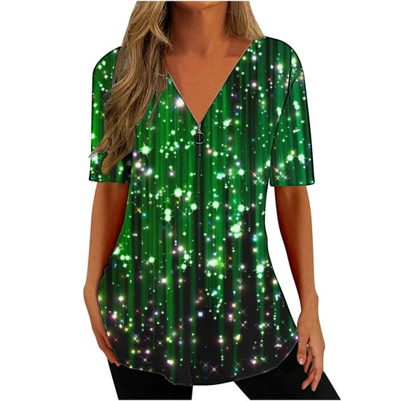 Xihbxyly Zippered Tops for Women Plus Size V Neck T Shirts Women Short Sleeve Shirt Half Zipper Blouse Loose Comfortable Print Top Blouse Graphic Tee Shirts 2024 Summer Tops #4