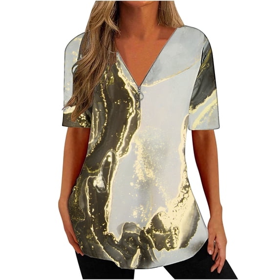 Xihbxyly Zippered Tops for Women Plus Size V Neck T Shirts Women Short Sleeve Shirt Half Zipper Blouse Loose Comfortable Print Top Blouse Graphic Tee Shirts 2024 Summer Tops #4