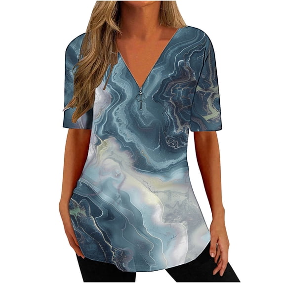 Xihbxyly Zippered Tops for Women Plus Size V Neck T Shirts Women Short Sleeve Shirt Half Zipper Blouse Loose Comfortable Print Top Blouse Graphic Tee Shirts 2024 Summer Tops #4