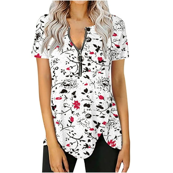 Xihbxyly Zippered Tops for Women Plus Size V Neck T Shirts Women Short Sleeve Shirt Half Zipper Blouse Loose Comfortable Print Top Blouse Graphic Tee Shirts 2025 Summer Tops #4