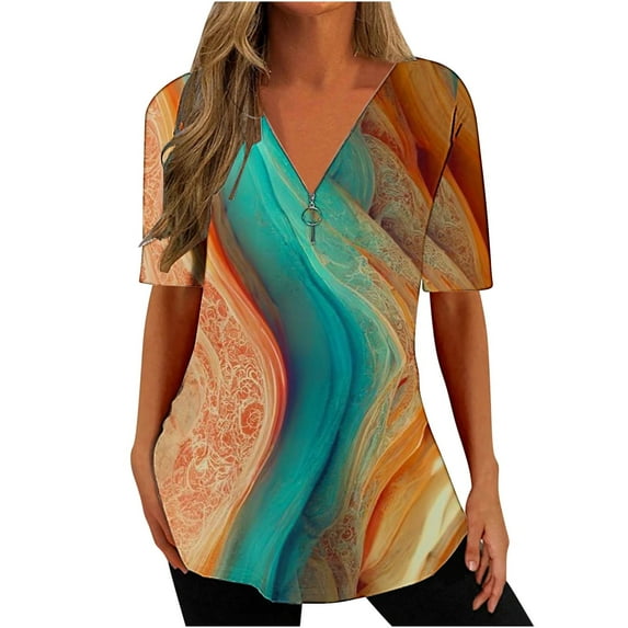 Xihbxyly Zippered Tops for Women Plus Size V Neck T Shirts Women Short Sleeve Shirt Half Zipper Blouse Loose Comfortable Print Top Blouse Graphic Tee Shirts 2025 Summer Tops #4